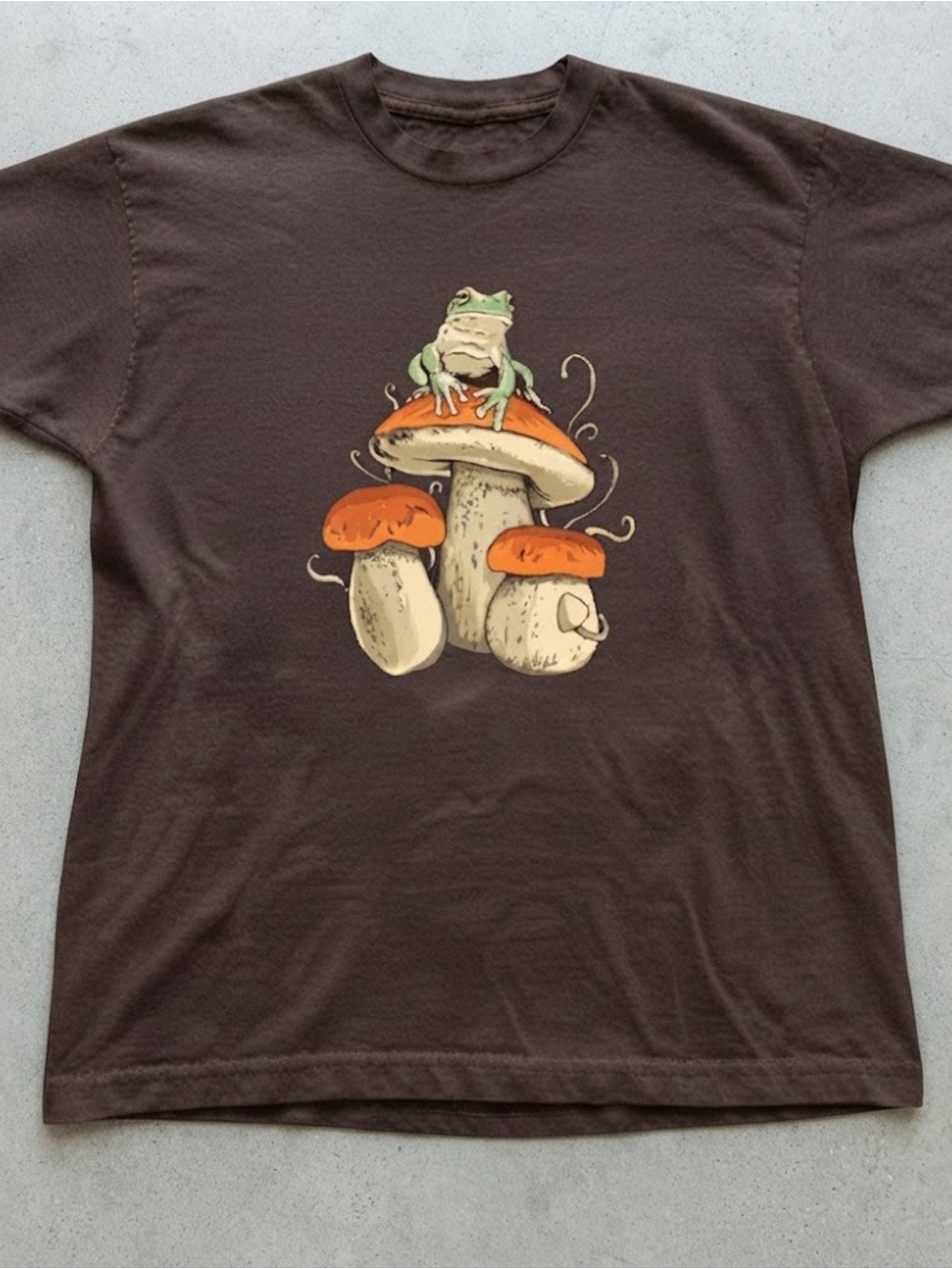 Frog on Mushroom Graohic Print Brown Gildan T-shirt